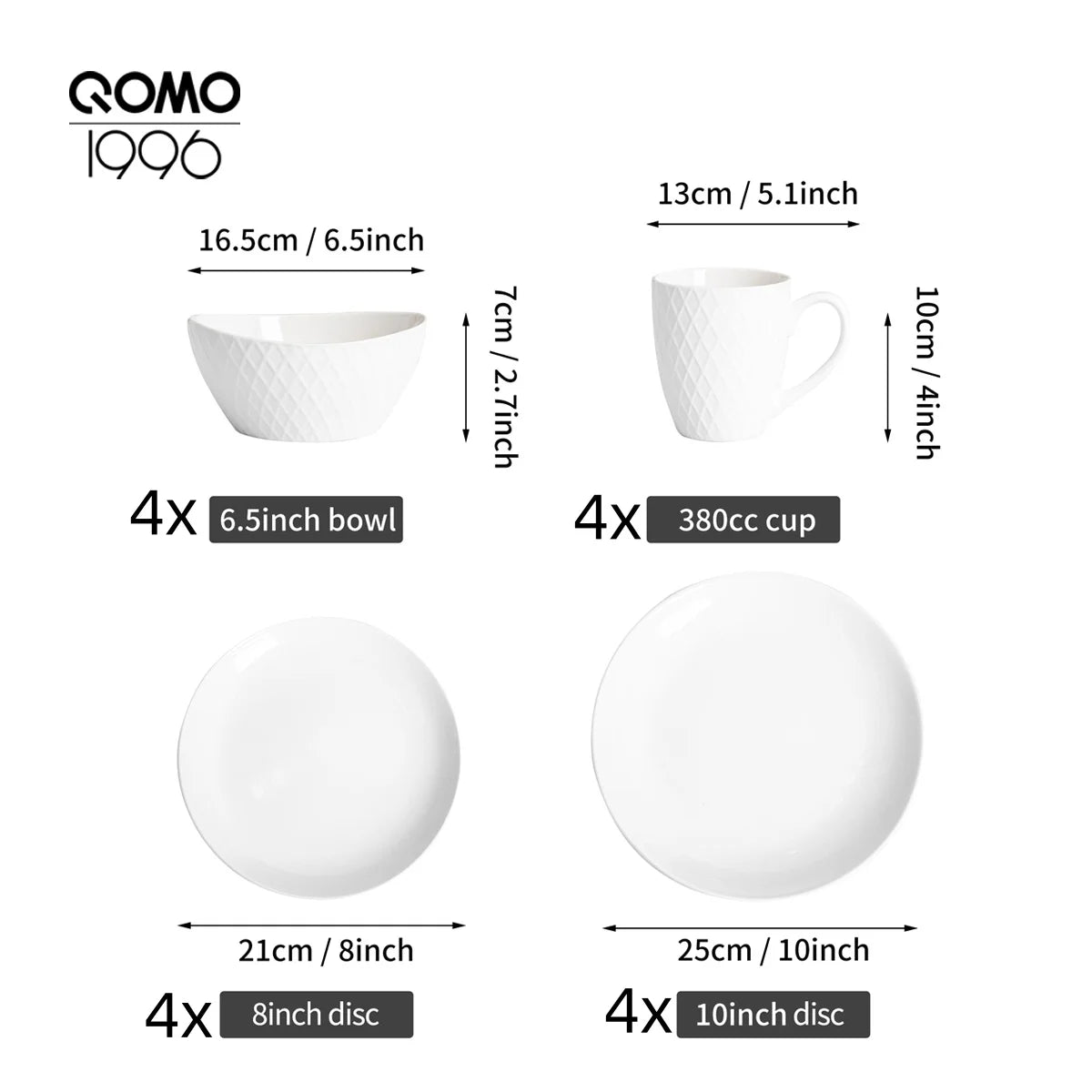 16 Pieces Porcelain Dinnerware Set White Relief Pattern Ceramic Bowls and Plates Ceramic Kitchen Dishes Service for 4 People - Pape'sShop