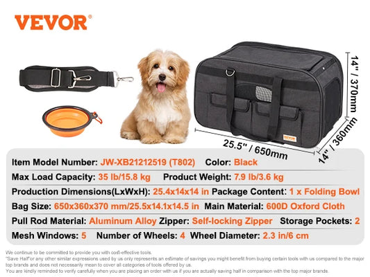 VEVOR Pet Cat Carrier Breathable Outgoing Dog Carry Backpack with Telescopic Handle Wheels and Shoulder Strap for Travel Trip - Pape'sShop