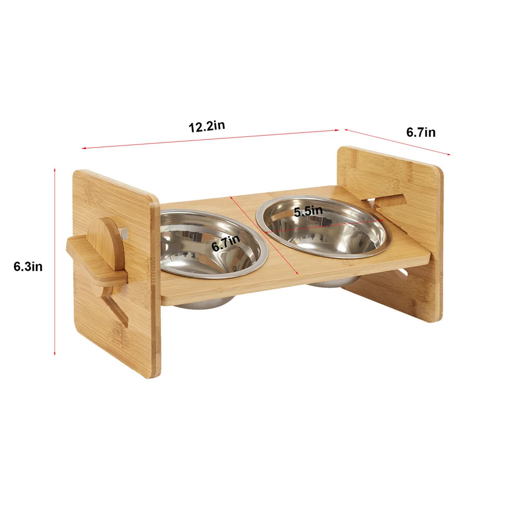 Elevated Dog Bowls with Stand Raised Dog Bowls 4 Heights Adjustable Dog Bowls Bamboo Dog Feeding Station 2 Stainless Steel Bowls - Pape'sShop