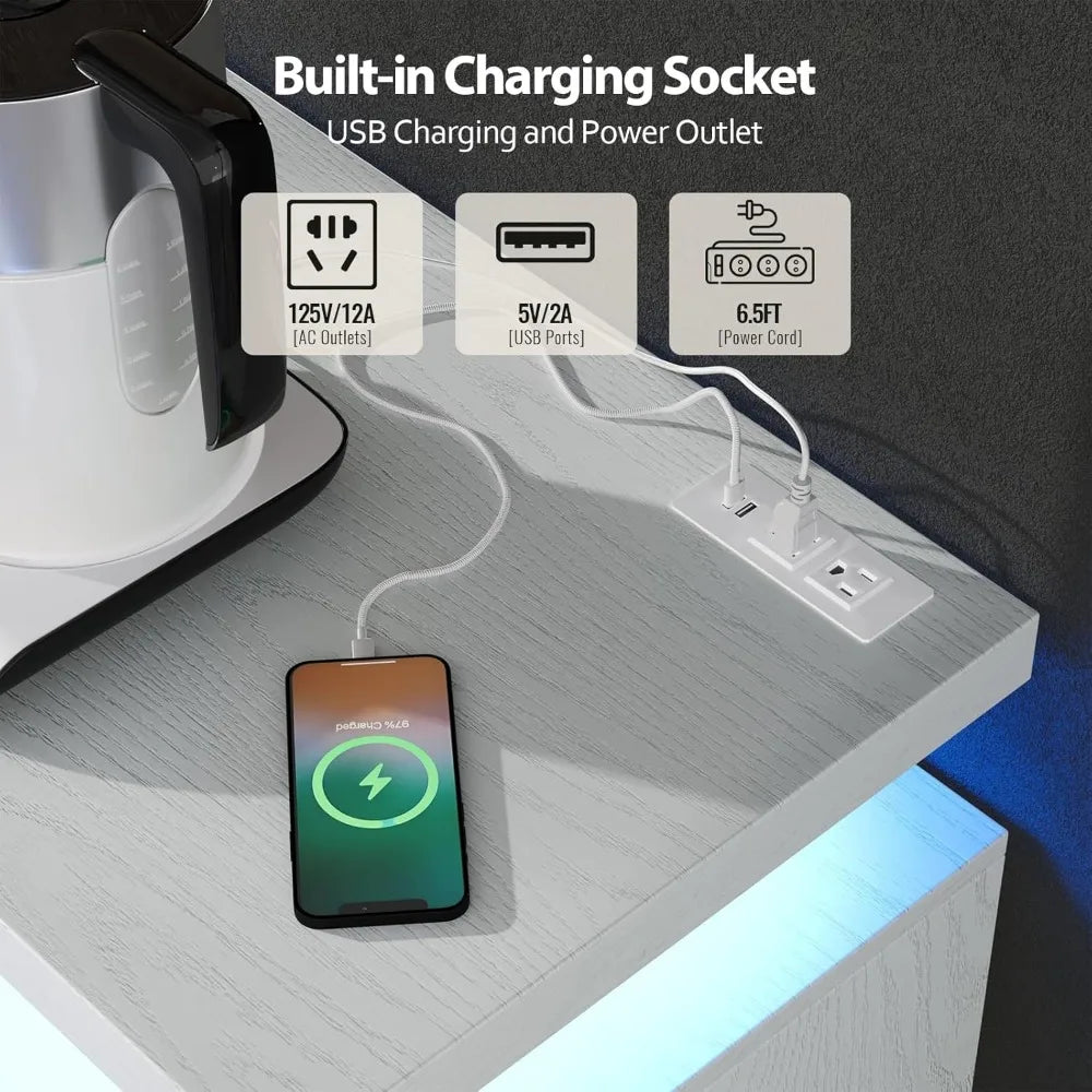 LED Lights Coffee Bar Cabinet with Storage, Sideboard Buffet Cabinet with Charging Station