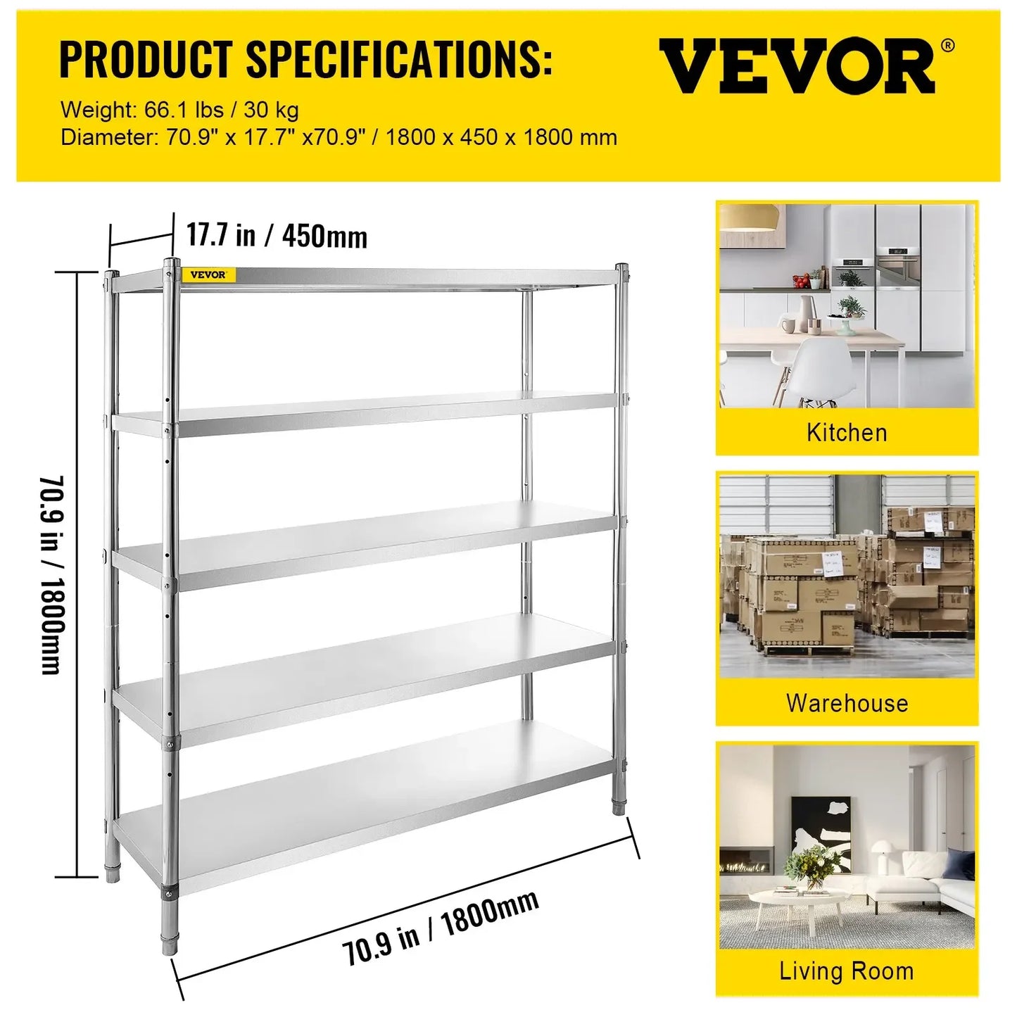 VEVOR Storage Shelf 4/5-Tier Storage Shelving w/Adjustable Height Unit Stainless Steel Garage Shelf for Kitchen Warehouse Garage