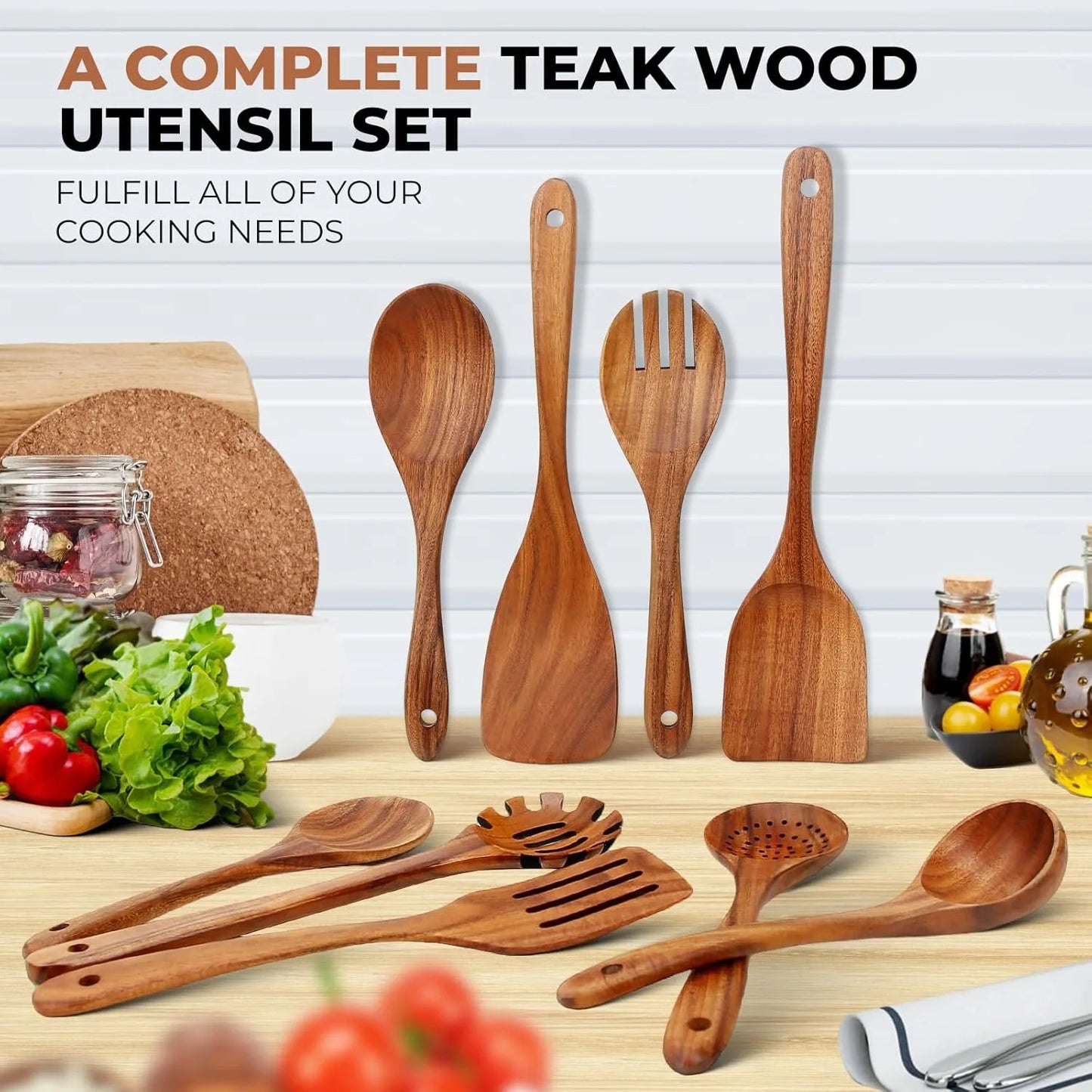 Wooden Kitchen Utensils Set, Smooth Finished Wooden Spoons for Cooking, Natural Teak Cooking Utensils Set for Nonstick Pans