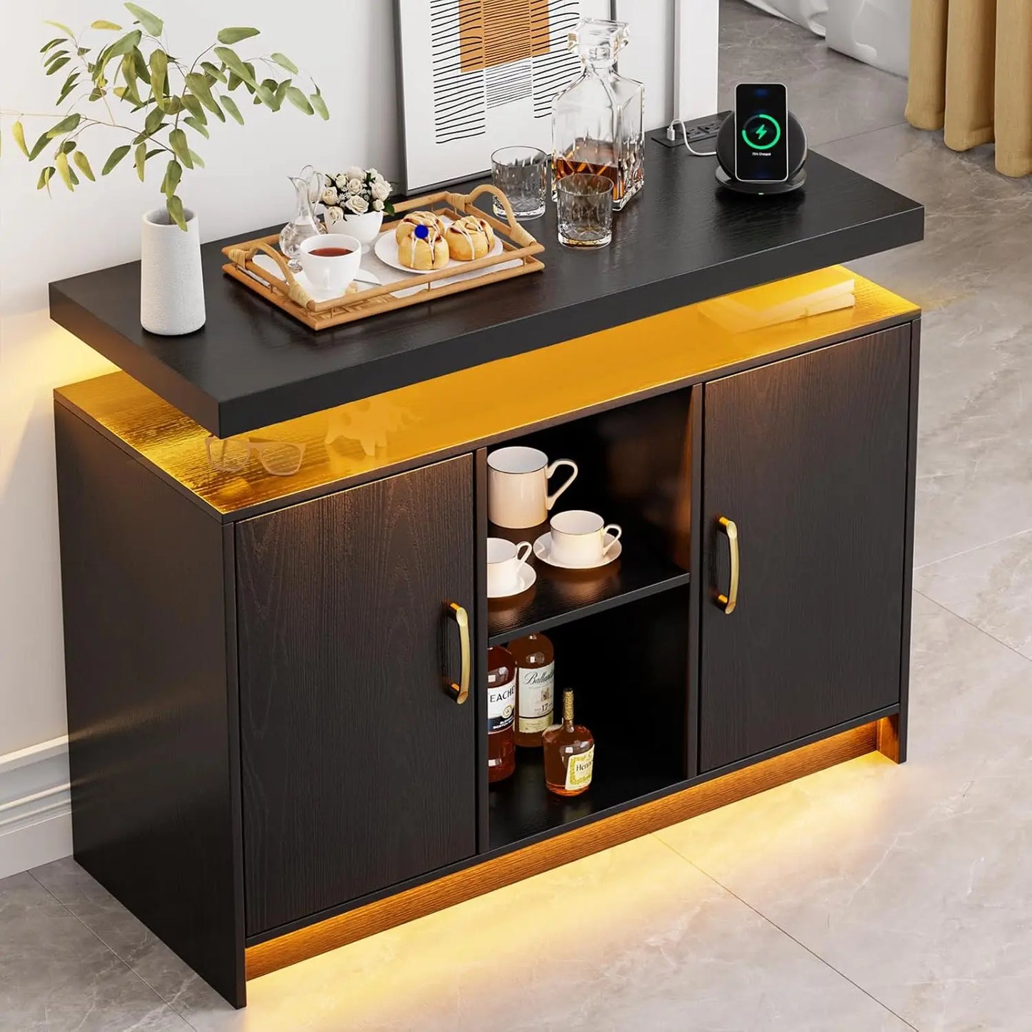 LED Lights Coffee Bar Cabinet with Storage, Sideboard Buffet Cabinet with Charging Station
