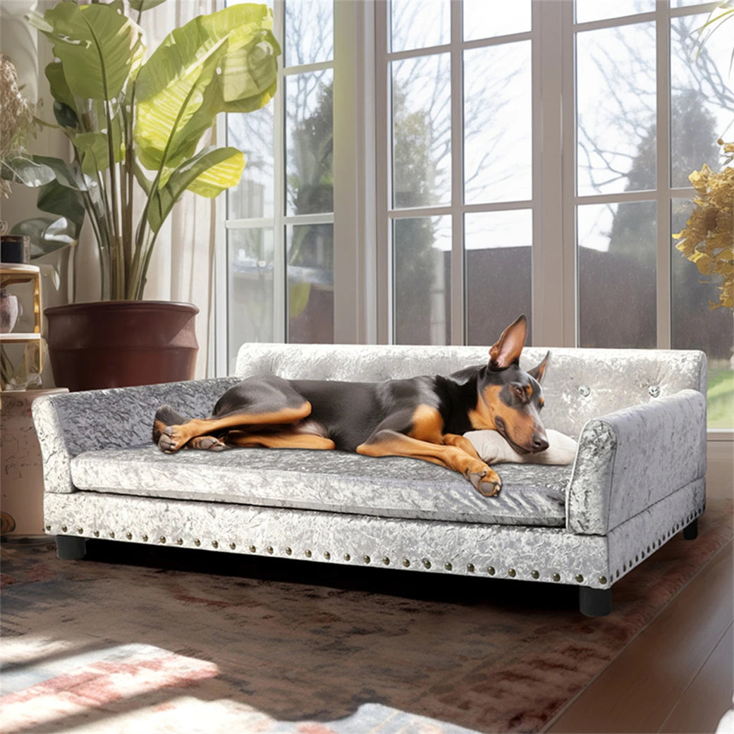 Luxury Velvet Tufted Dog Sofa Bed Large Elevated Pet Bed Upholstered Cushion Wooden Frame Raised Puppy Sofa Couch - Pape'sShop