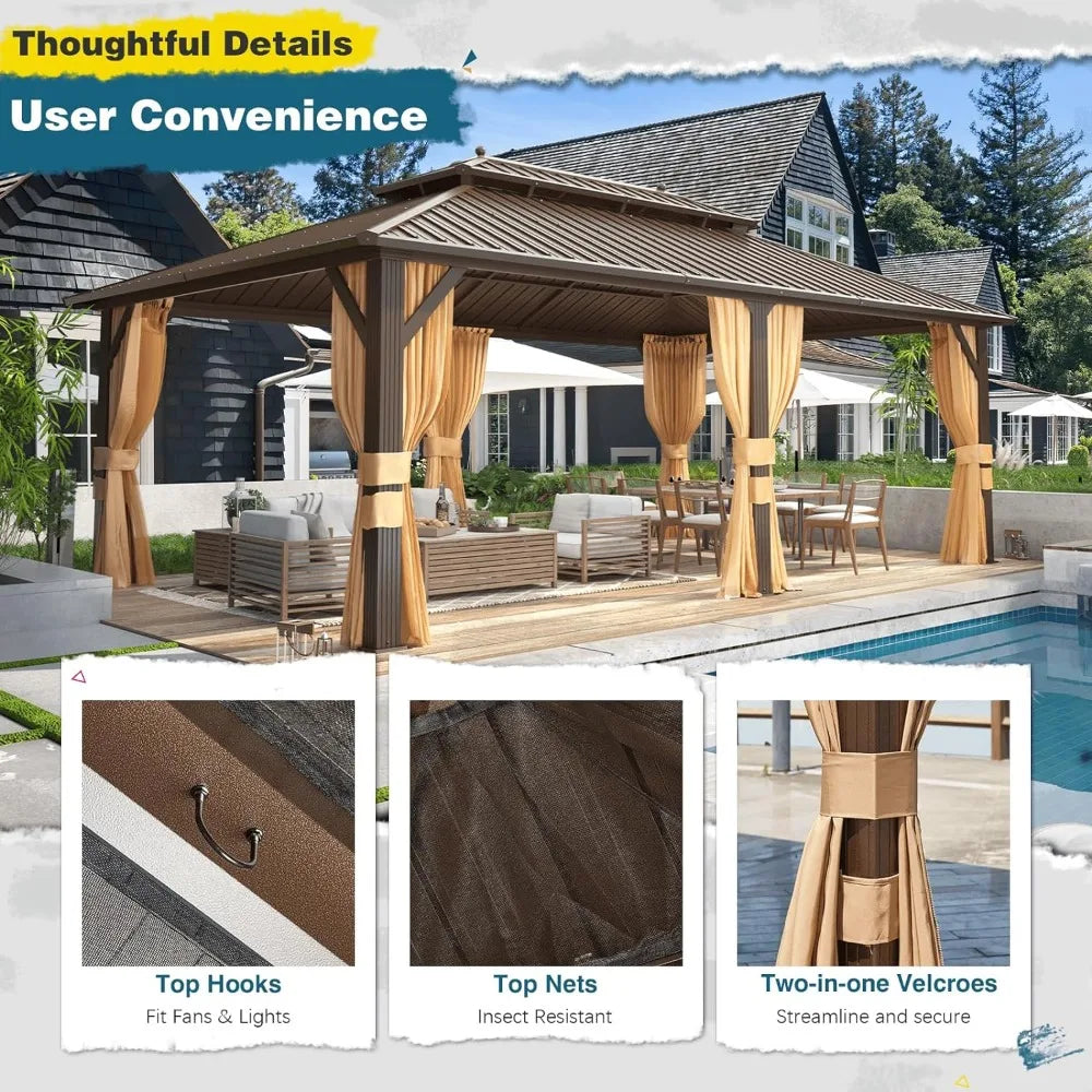 12'x20' Hardtop Gazebo, Galvanized Steel Metal Double Roof Aluminum Gazebo with Curtain and Netting,Pavilion with Aluminum Frame