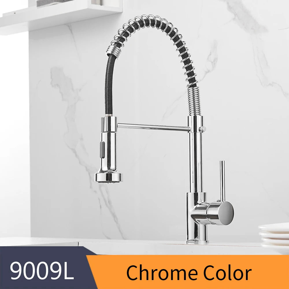 Kitchen Faucets Brush Brass Faucets for Kitchen Sink  Single Lever Pull Down Spring Spout Mixers Tap Hot Cold Water Crane 9009