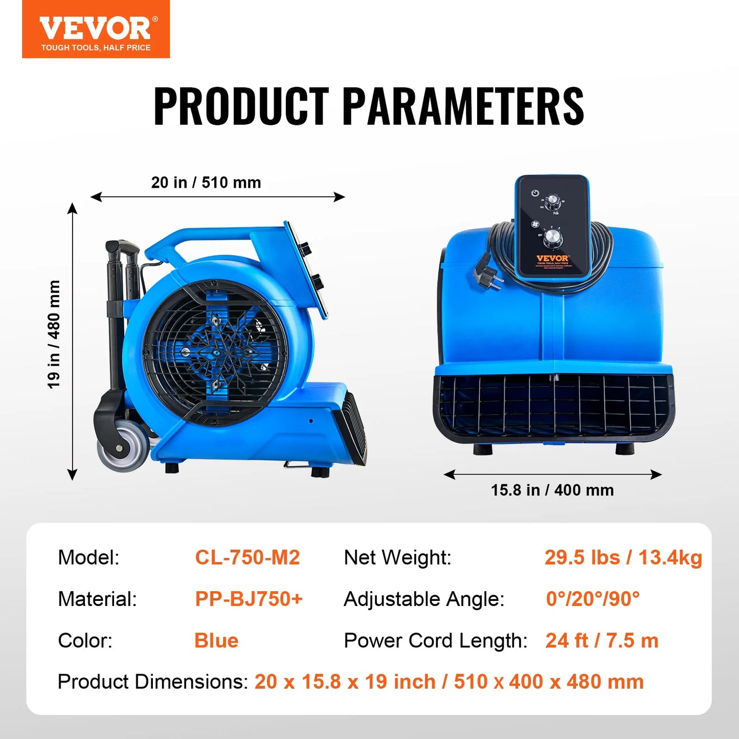 VEVOR Floor Blower 1360 RPM 600 CFM Air Mover for Drying and Cooling Portable Dryer Fan for Janitorial Home Plumbing Commercial