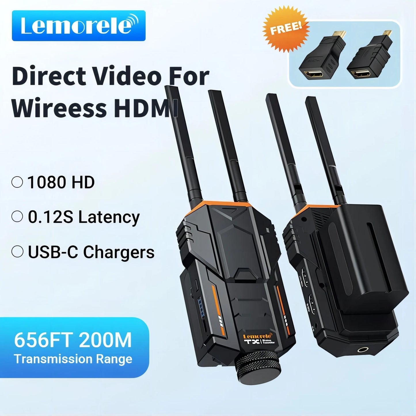 Lemorele 5.8Ghz HDMI Transmitter and Receiver wireless hdmi Extender Kit 200M Support NP-F Battery For Camera PS4 PC To TV Proje