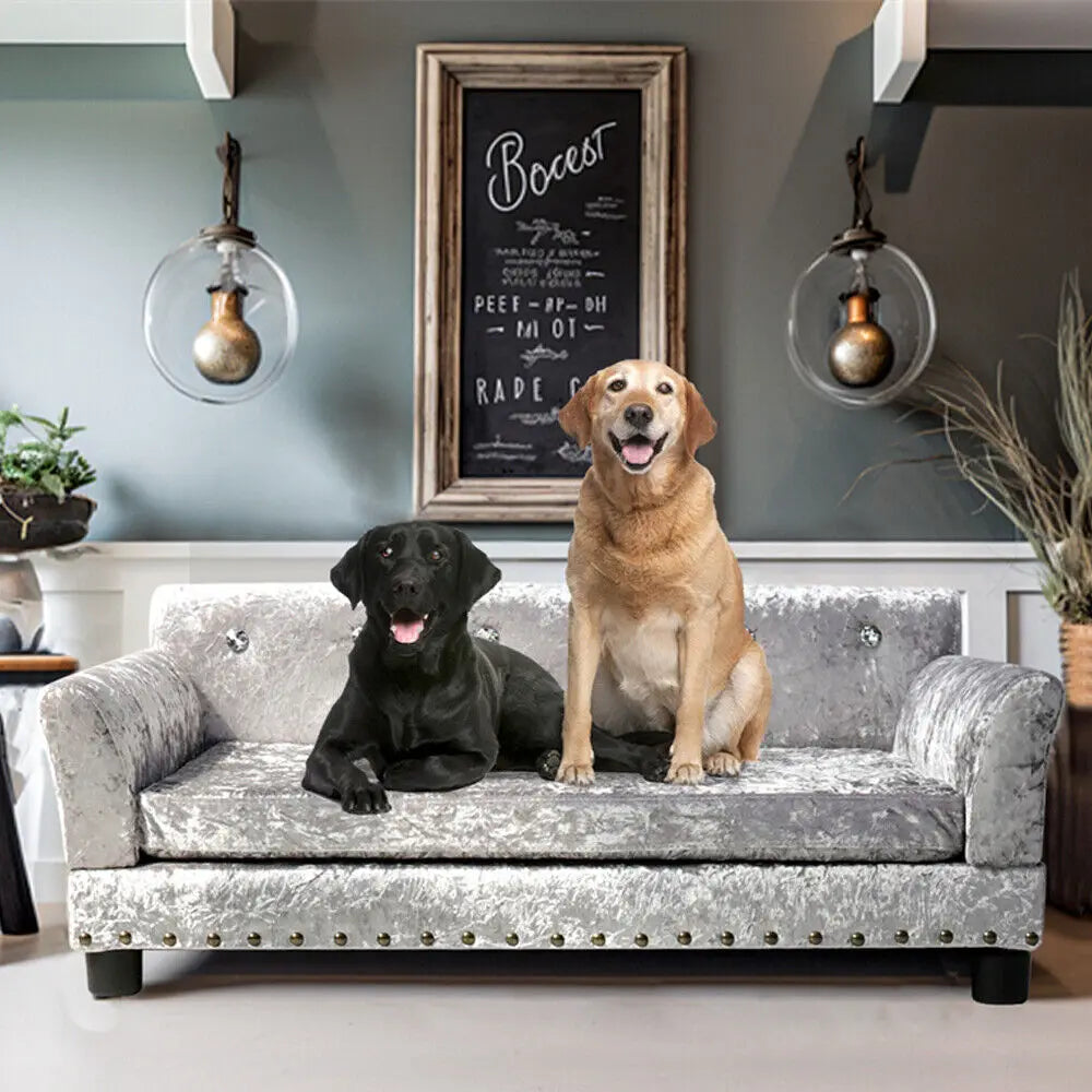 Luxury Velvet Tufted Dog Sofa Bed Large Elevated Pet Bed Upholstered Cushion Wooden Frame Raised Puppy Sofa Couch - Pape'sShop