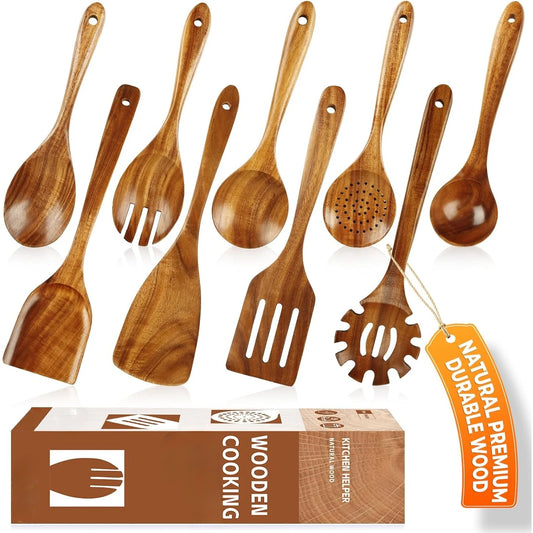 Wooden Kitchen Utensils Set, Smooth Finished Wooden Spoons for Cooking, Natural Teak Cooking Utensils Set for Nonstick Pans