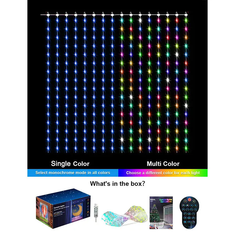 LED Decoration RGB curtain Smart Lights App Controlled String Fairy Lights DIY Pattern and Text Programmable Music Sync Reote - Pape'sShop