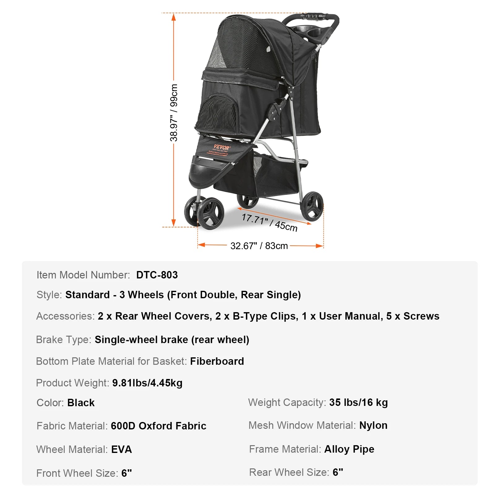 VEVOR Pet Stroller Carrier Dog Cat Strollers Lightweight Travel Rotate with Brakes Pet Pad Cup Holder for Puppy Dog Accessories - Pape'sShop