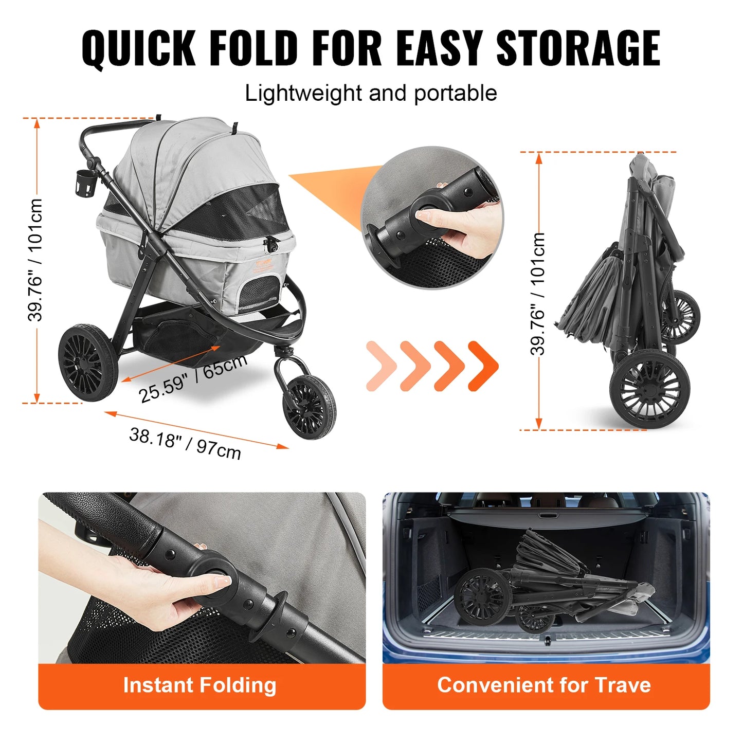 VEVOR Pet Stroller Carrier Dog Cat Strollers Lightweight Travel Rotate with Brakes Pet Pad Cup Holder for Puppy Dog Accessories - Pape'sShop