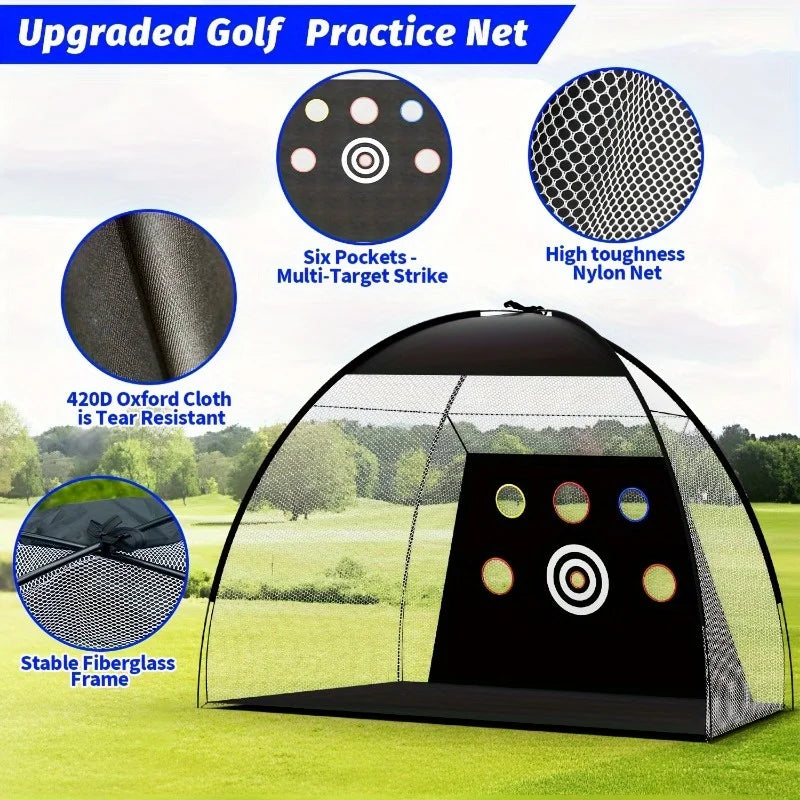 Golf Practice Net, 10x7 ft Deluxe Golf Practice net set Play golf at home, swing contact, weather free, 3 layers of lawn mat, 3