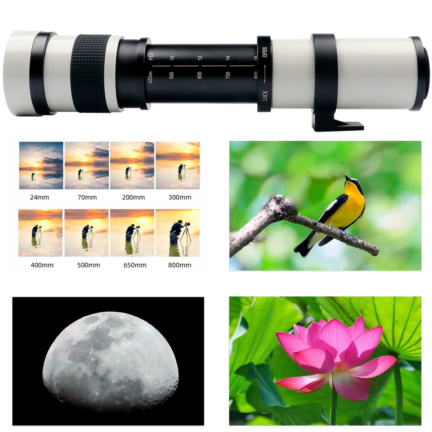 Lightdow 420-800mm F8.3-16 Professional Super Telephoto Manual Zoom Lens with T2 Ring Adapter USA ES Overseas Warehouse Delivery