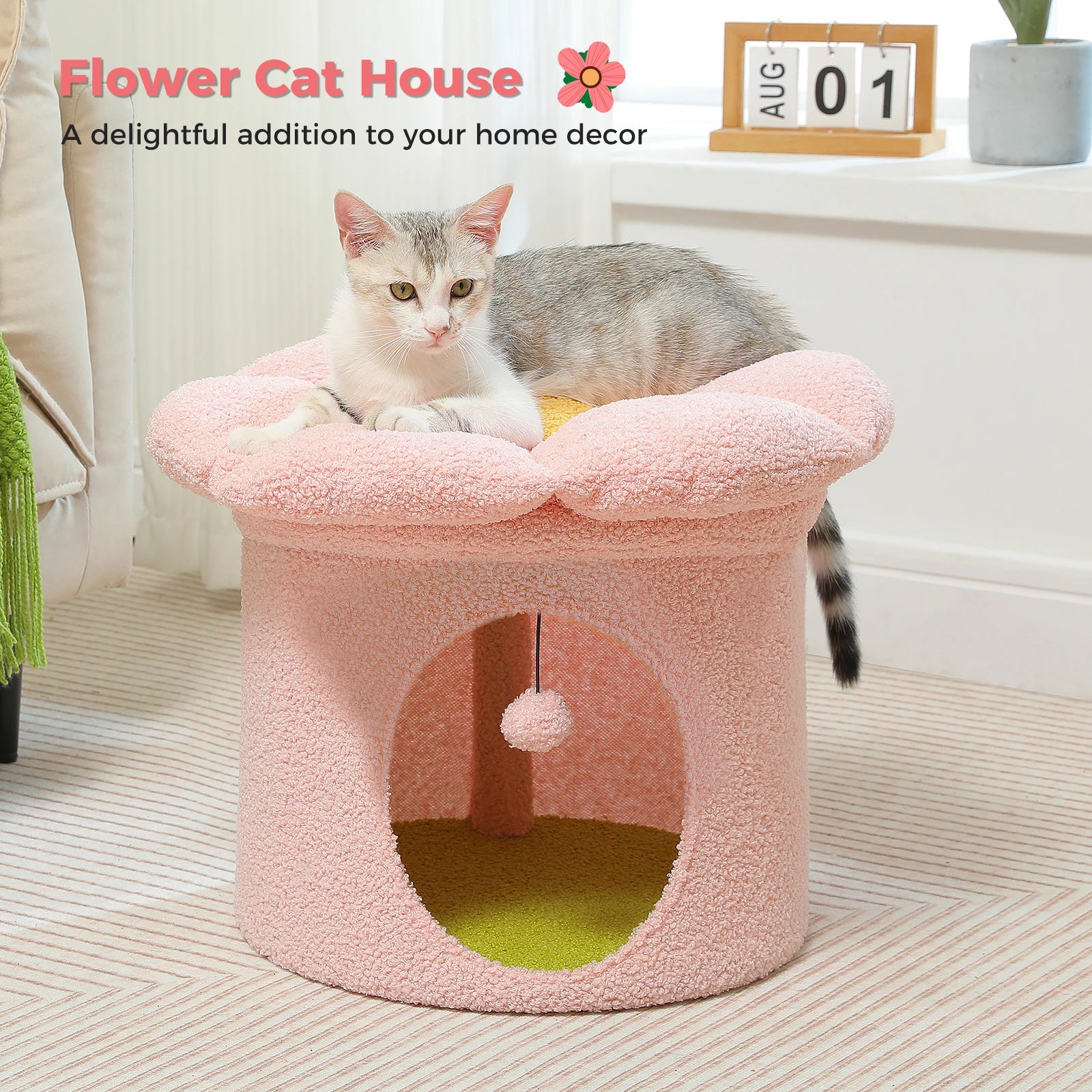 Cat Beds for Indoor Cats, Large Cat House with Removable Flower Cat Bed, Cute Cat Cave Cat Hideaway, Indoor Cat House Condo - Pape'sShop
