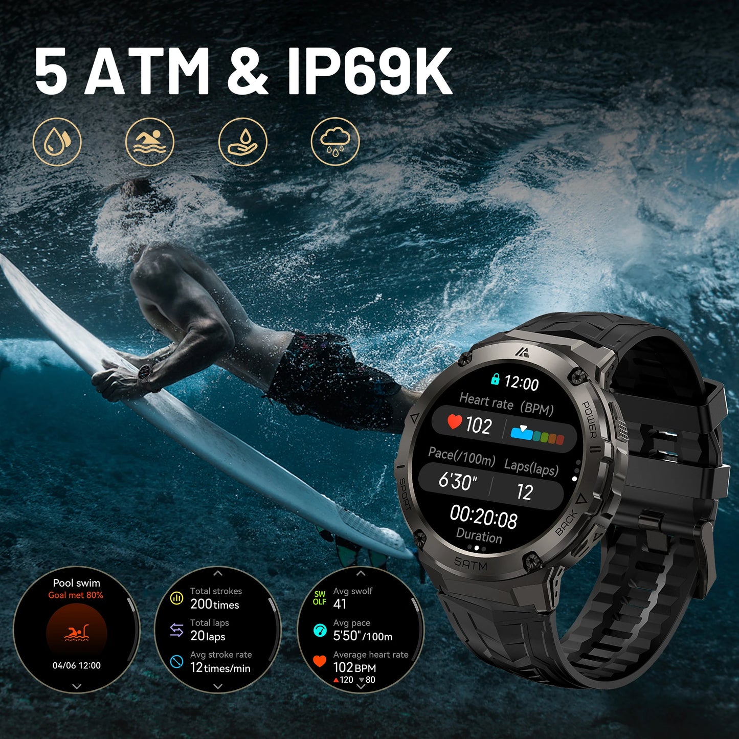 2025 AMAZTIM T3E GPS Smart Watch For Men Compass Altimeter 5ATM IP69K Waterproof 470mAh AMOLED Bluetooth Call Electronic Watches