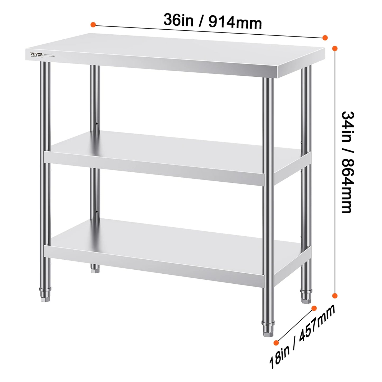 VEVOR Stainless Steel Food Prep Table Commercial Kitchen Worktable with 2 Adjustable Undershelf for BBQ Kitchen Home and Garage