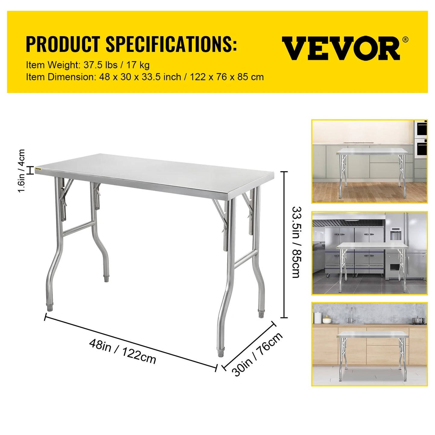 VEVOR Single/Double-Shelf Professional Stainless Steel Open Kitchen Folding Work Prep Tables Easy Storage for Home Commercial