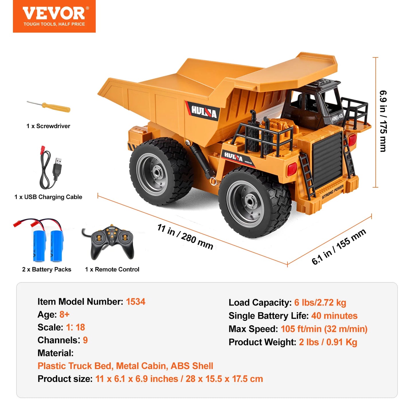 VEVOR RC Car Children Toys Remote Control Dump Truck Toys 9-Channel with Batteries for Toddlers Boys Electric Car Kids Toys Gift - Pape'sShop