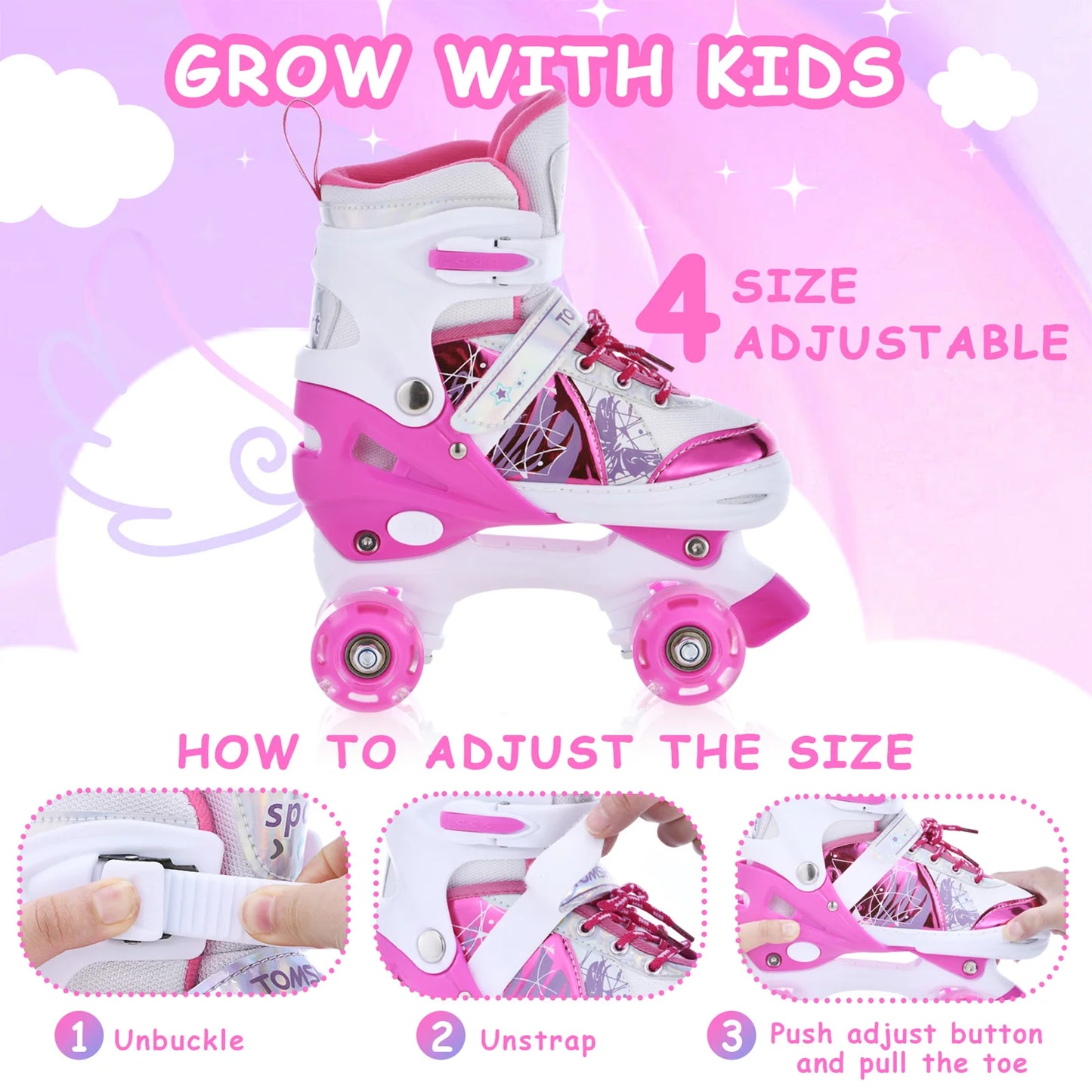 New Roller Skates for Kids Girls Boys 4 Size Adjustable Light Up Children's Roller Skate Shoes Skates 4 Wheels Girl Xmas Gift