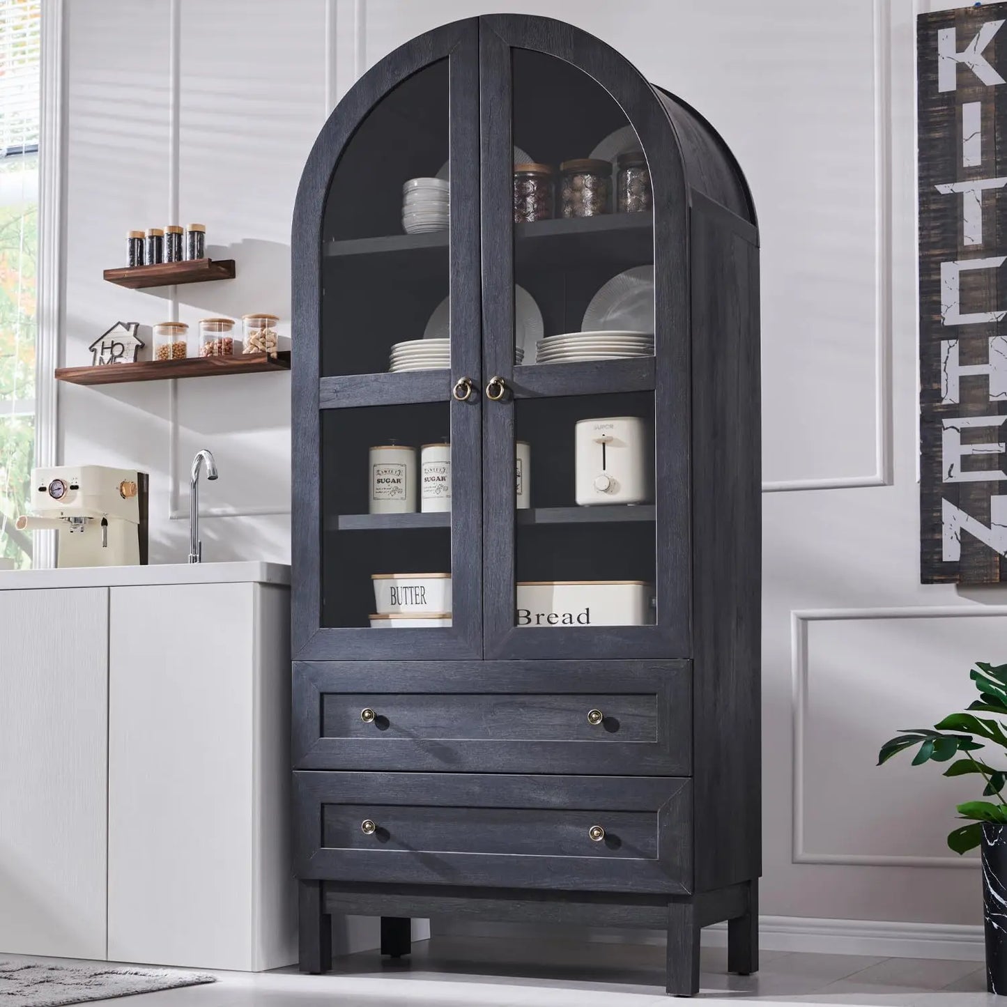71" Tall Arched Kitchen Pantry Cabinet, Wood Kitchen Storage Cabinets with 2 Large Drawers and Adjustable Shelves