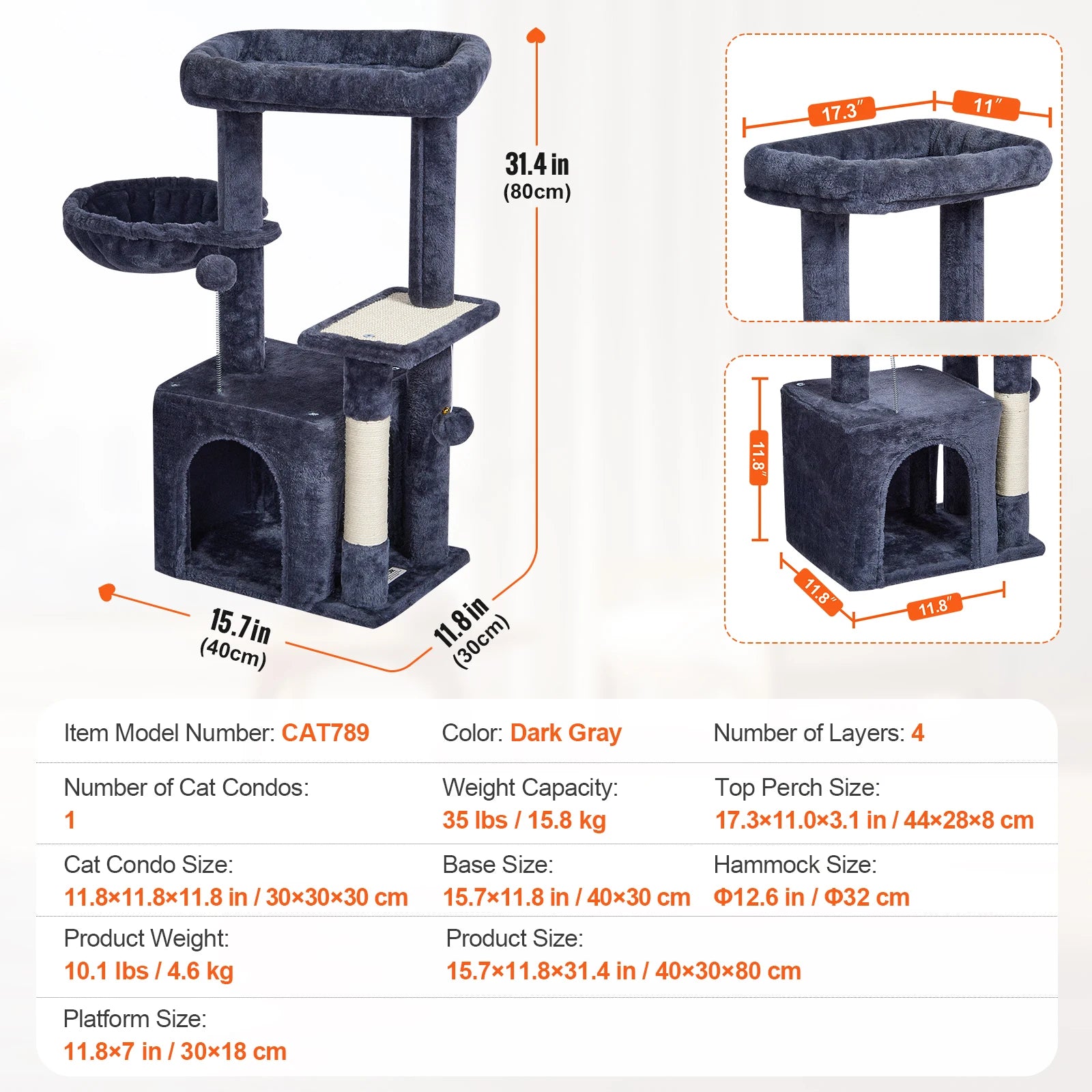 VEVOR Cat Tree for Indoor Cats 45.2" Cat Tower with Cat Condo Sisal Scratching Post HammockTop Perch Jumping Platforms Dark Grey - Pape'sShop