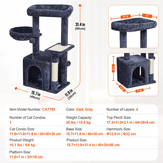 VEVOR Cat Tree for Indoor Cats 45.2" Cat Tower with Cat Condo Sisal Scratching Post HammockTop Perch Jumping Platforms Dark Grey - Pape'sShop