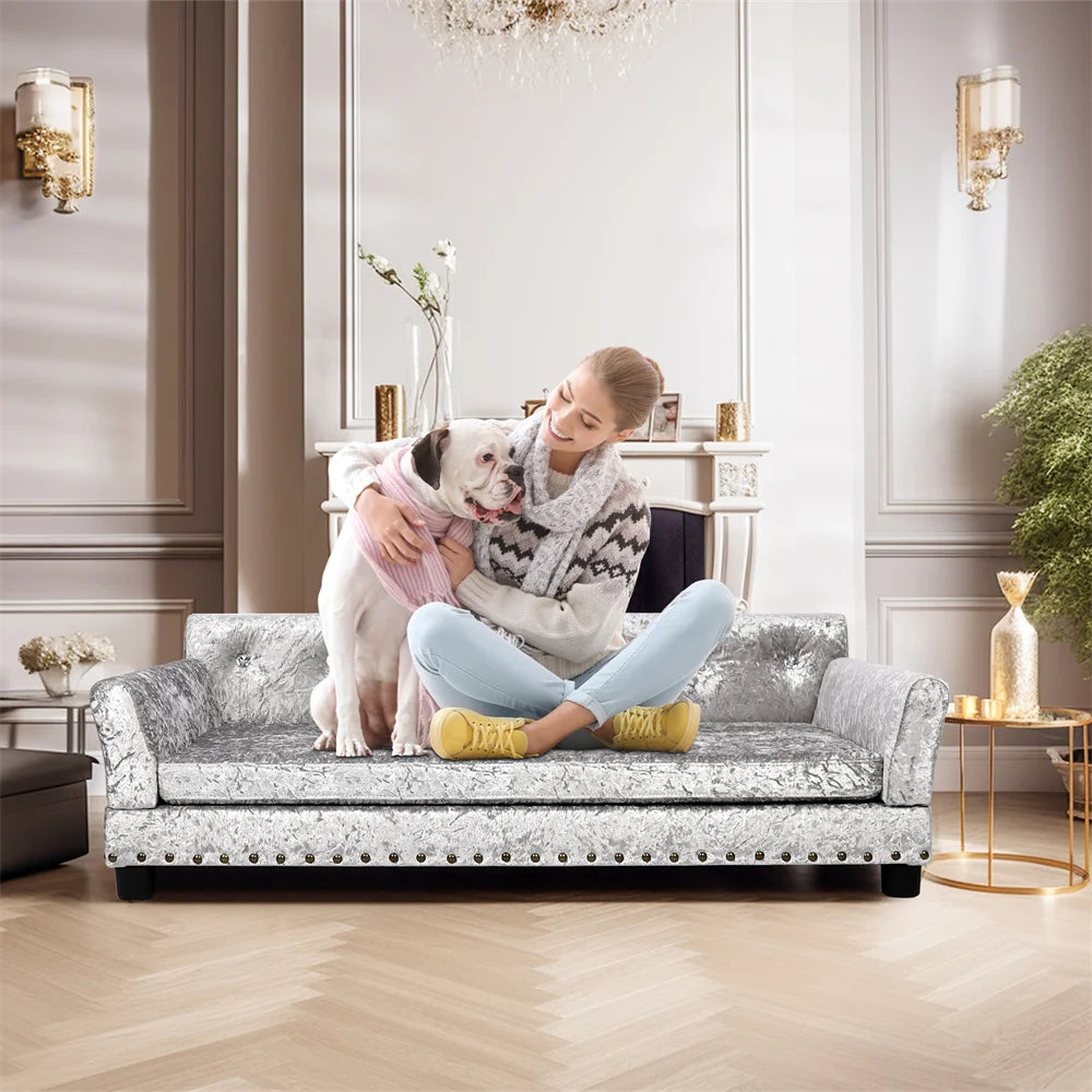 Luxury Velvet Tufted Dog Sofa Bed Large Elevated Pet Bed Upholstered Cushion Wooden Frame Raised Puppy Sofa Couch - Pape'sShop