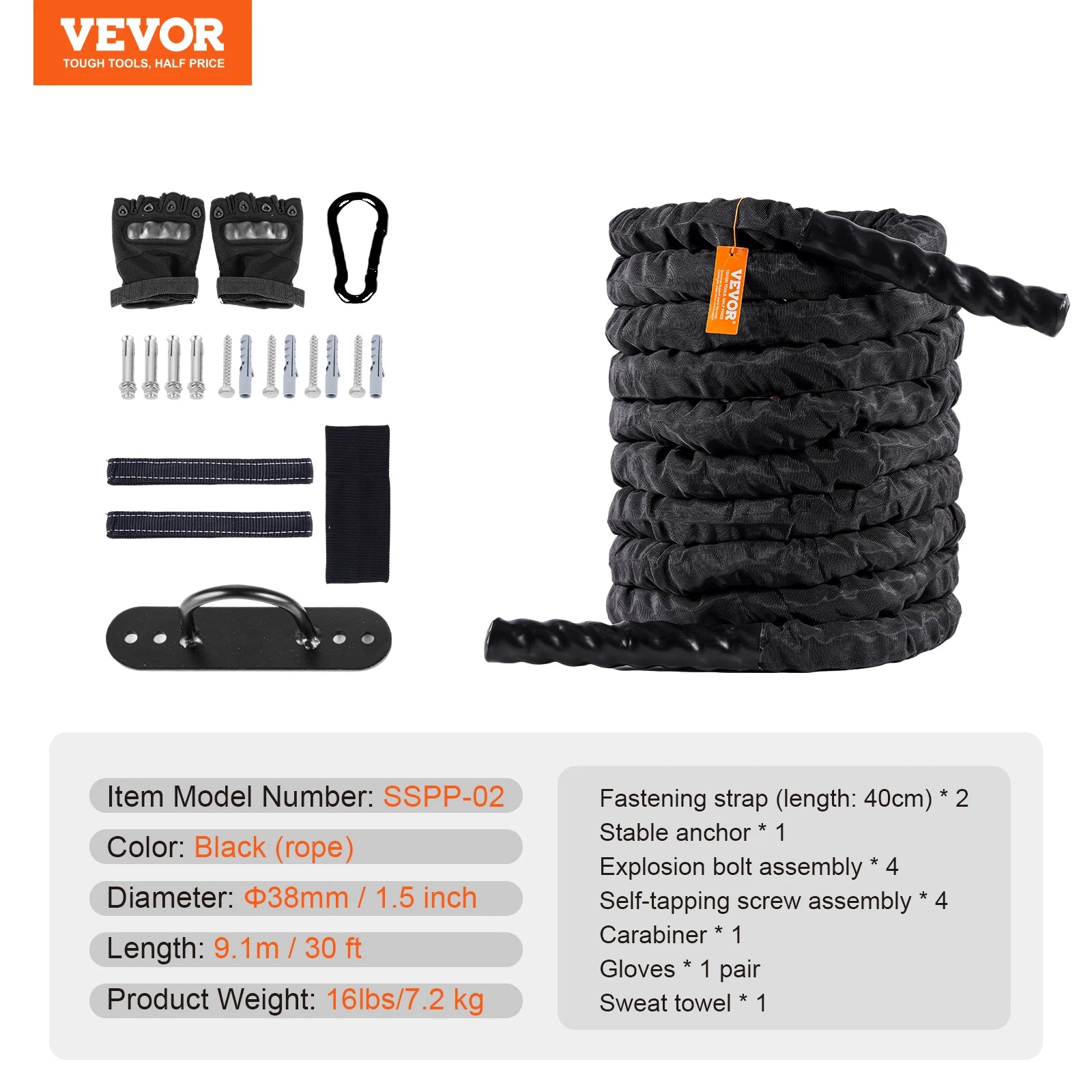 VEVOR Battle Rope Polyester Exercise Rope with Sleeve and Anchor - Pape'sShop