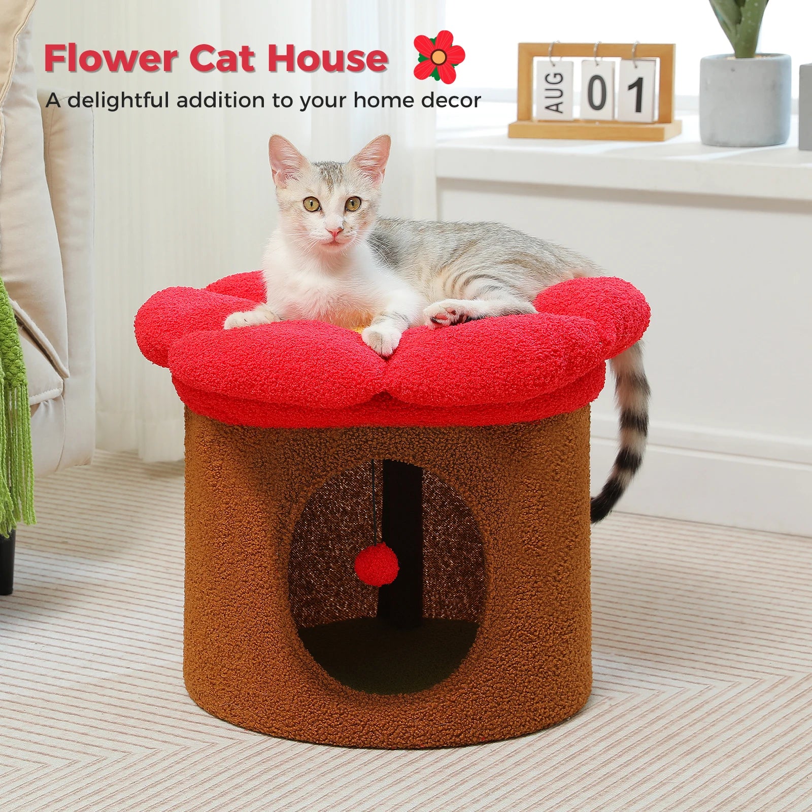 Cat Beds for Indoor Cats, Large Cat House with Removable Flower Cat Bed, Cute Cat Cave Cat Hideaway, Indoor Cat House Condo - Pape'sShop