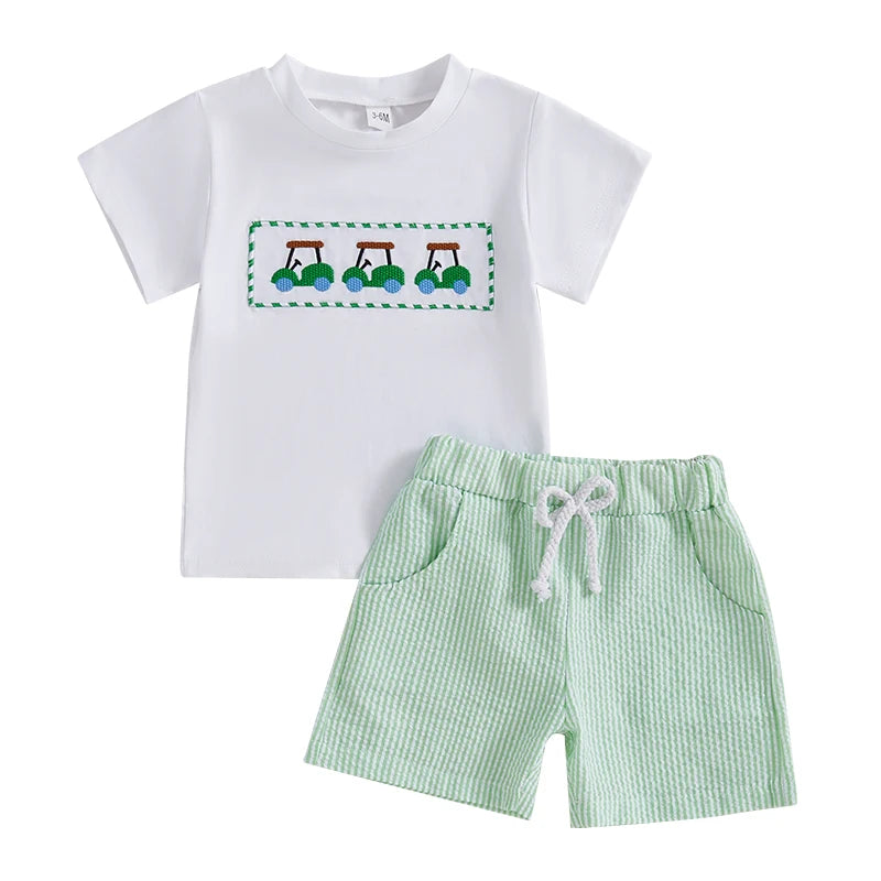 Boys 2-Piece Outfit Set with Dinosaur Print Short Sleeve T-Shirt and Elastic Waistband Denim Shorts for Toddlers - Pape'sShop