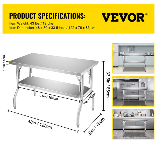 VEVOR Single/Double-Shelf Professional Stainless Steel Open Kitchen Folding Work Prep Tables Easy Storage for Home Commercial