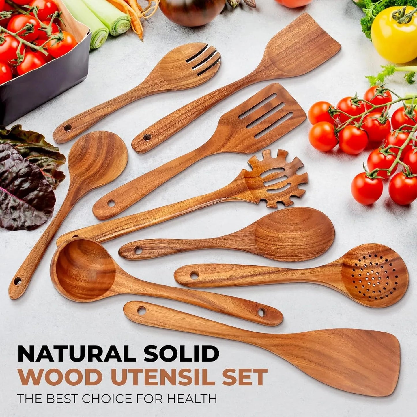 Wooden Kitchen Utensils Set, Smooth Finished Wooden Spoons for Cooking, Natural Teak Cooking Utensils Set for Nonstick Pans