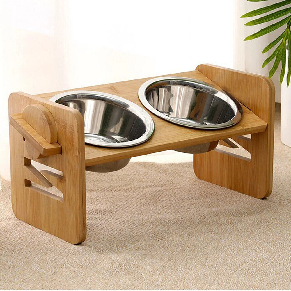 Elevated Dog Bowls with Stand Raised Dog Bowls 4 Heights Adjustable Dog Bowls Bamboo Dog Feeding Station 2 Stainless Steel Bowls - Pape'sShop