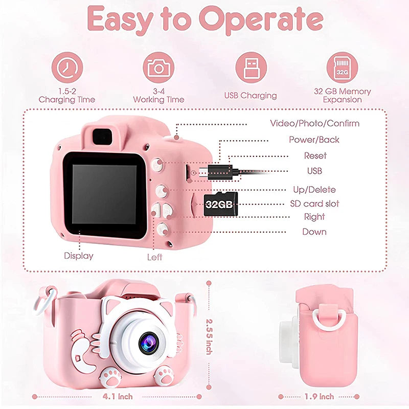 Kids Camera Toys Mini Camera Kids Digital Camera With Video Cartoon Soft Silicone Cover 32GB SD Card For Boy Girl Christmas Gift - Pape'sShop