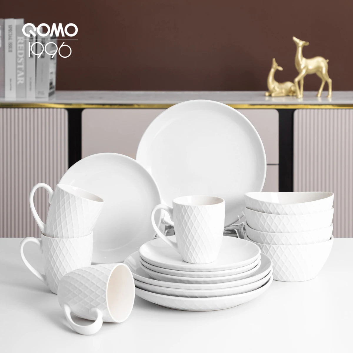 16 Pieces Porcelain Dinnerware Set White Relief Pattern Ceramic Bowls and Plates Ceramic Kitchen Dishes Service for 4 People - Pape'sShop