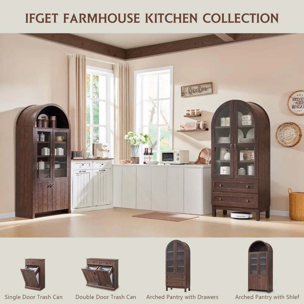 71" Tall Arched Kitchen Pantry Cabinet, Wood Kitchen Storage Cabinets with 2 Large Drawers and Adjustable Shelves