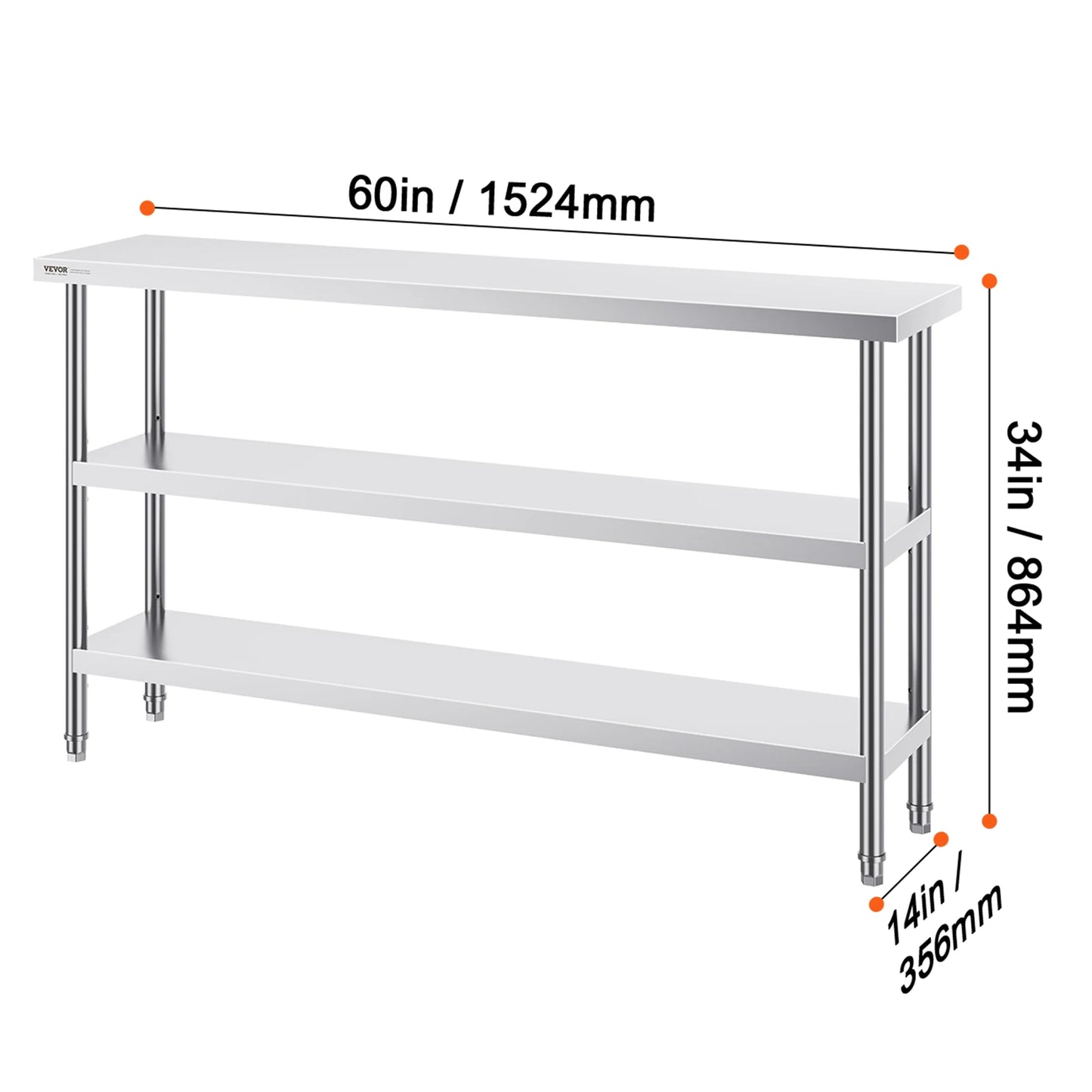 VEVOR Stainless Steel Food Prep Table Commercial Kitchen Worktable with 2 Adjustable Undershelf for BBQ Kitchen Home and Garage