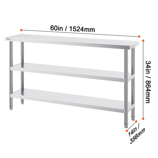 VEVOR Stainless Steel Food Prep Table Commercial Kitchen Worktable with 2 Adjustable Undershelf for BBQ Kitchen Home and Garage
