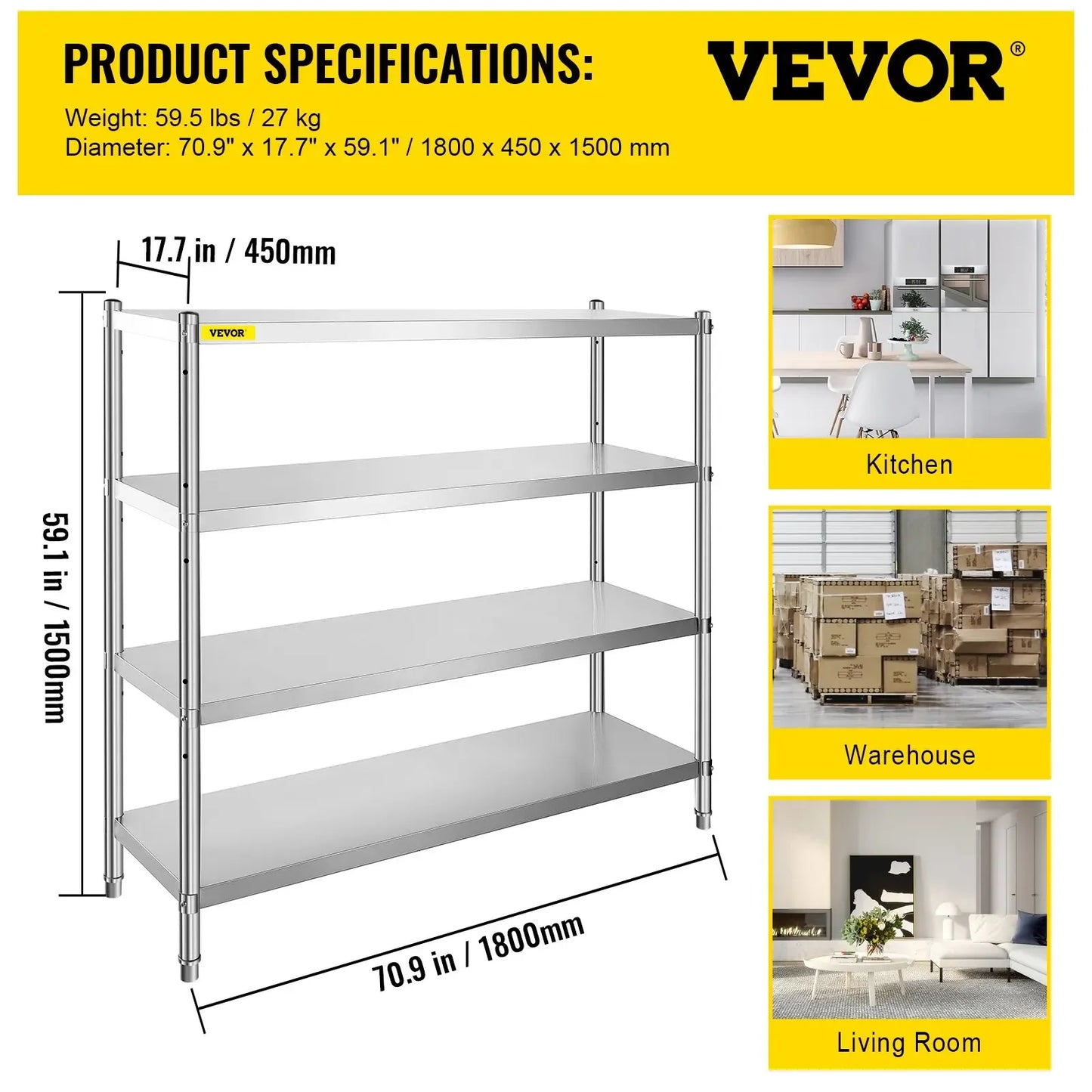 VEVOR Storage Shelf 4/5-Tier Storage Shelving w/Adjustable Height Unit Stainless Steel Garage Shelf for Kitchen Warehouse Garage