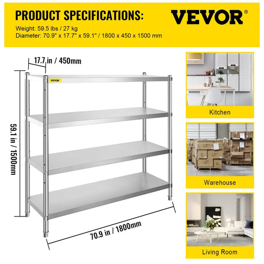 VEVOR Storage Shelf 4/5-Tier Storage Shelving w/Adjustable Height Unit Stainless Steel Garage Shelf for Kitchen Warehouse Garage