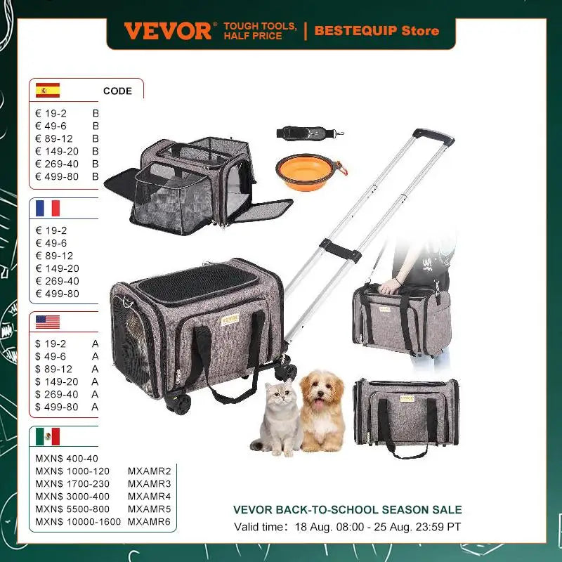VEVOR Pet Cat Carrier Breathable Outgoing Dog Carry Backpack with Telescopic Handle Wheels and Shoulder Strap for Travel Trip - Pape'sShop