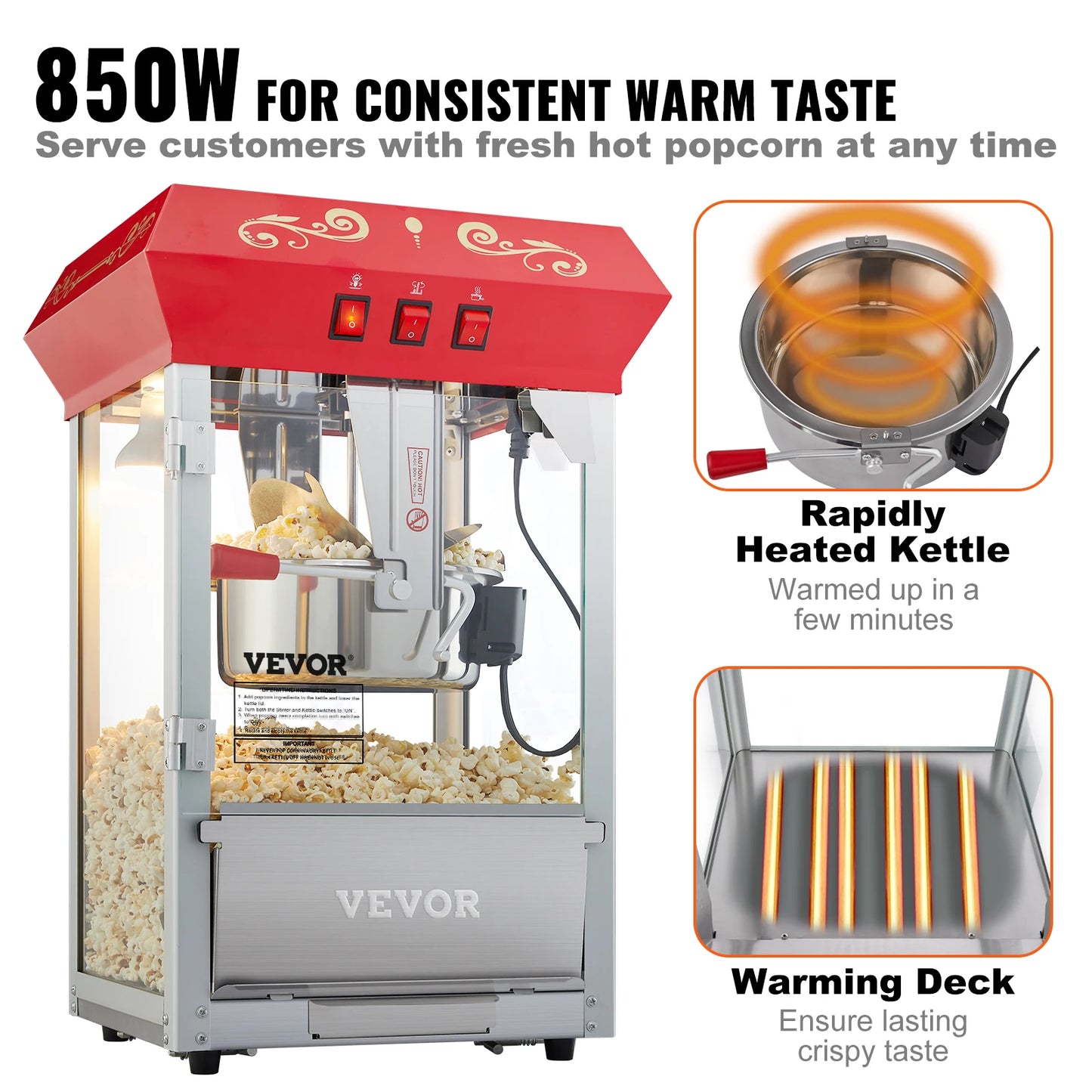 VEVOR Commercial Popcorn Machine, 8/12 Oz Kettle, Countertop Popcorn Maker ,Theater Style Popper with 3-Switch Control , Red