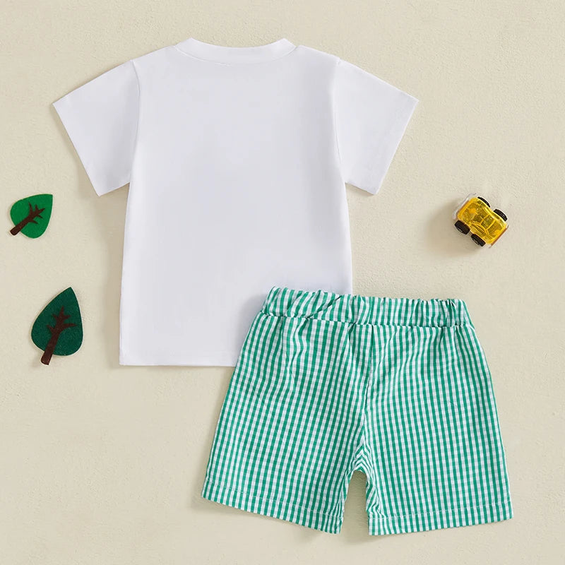 Boys 2-Piece Outfit Set with Dinosaur Print Short Sleeve T-Shirt and Elastic Waistband Denim Shorts for Toddlers - Pape'sShop
