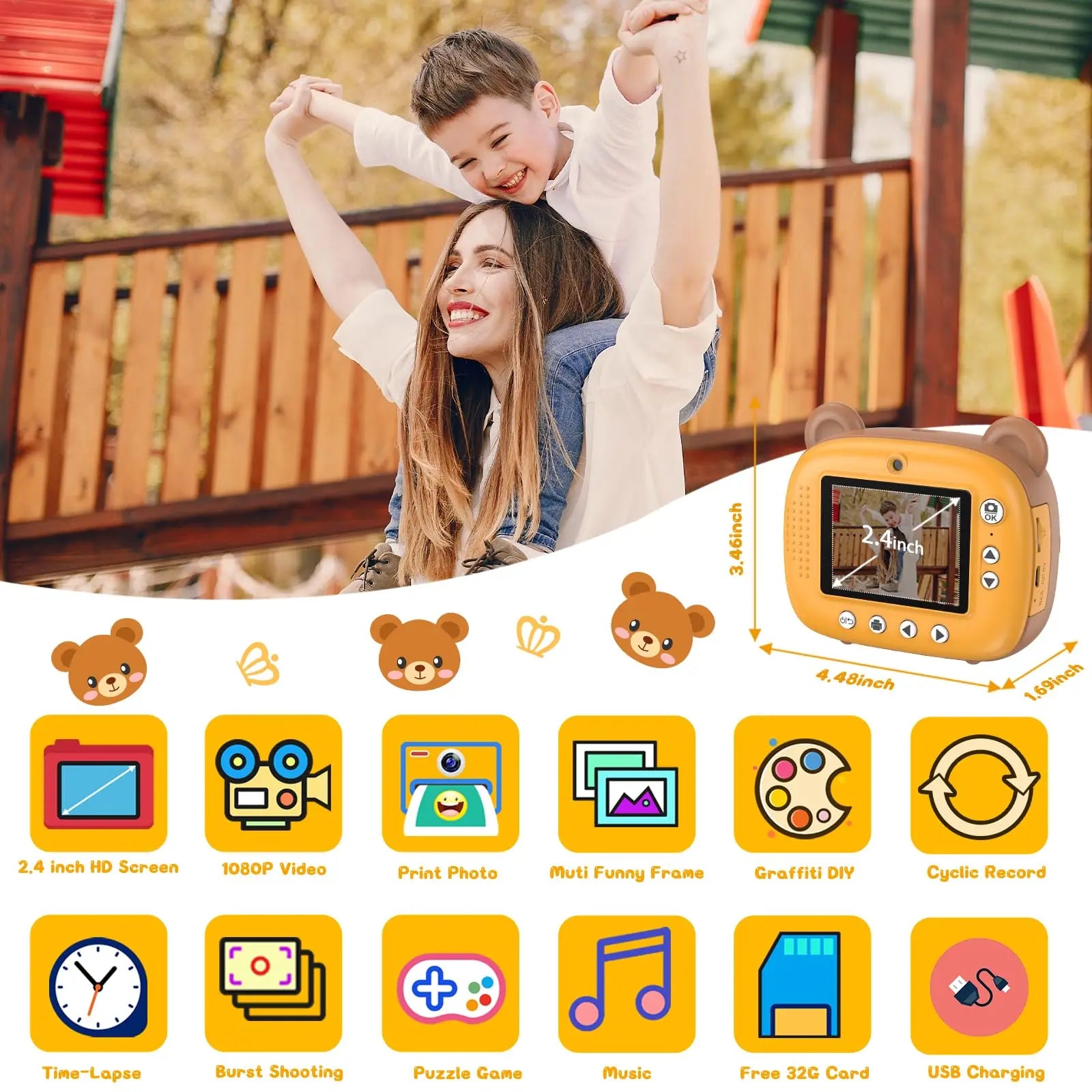 Kids Instant Camera 2.4 Inch Screen 12MP 1080P HD Instant Print Digital Camera Birthday Gifts For 3-12 Years Old Children - Pape'sShop