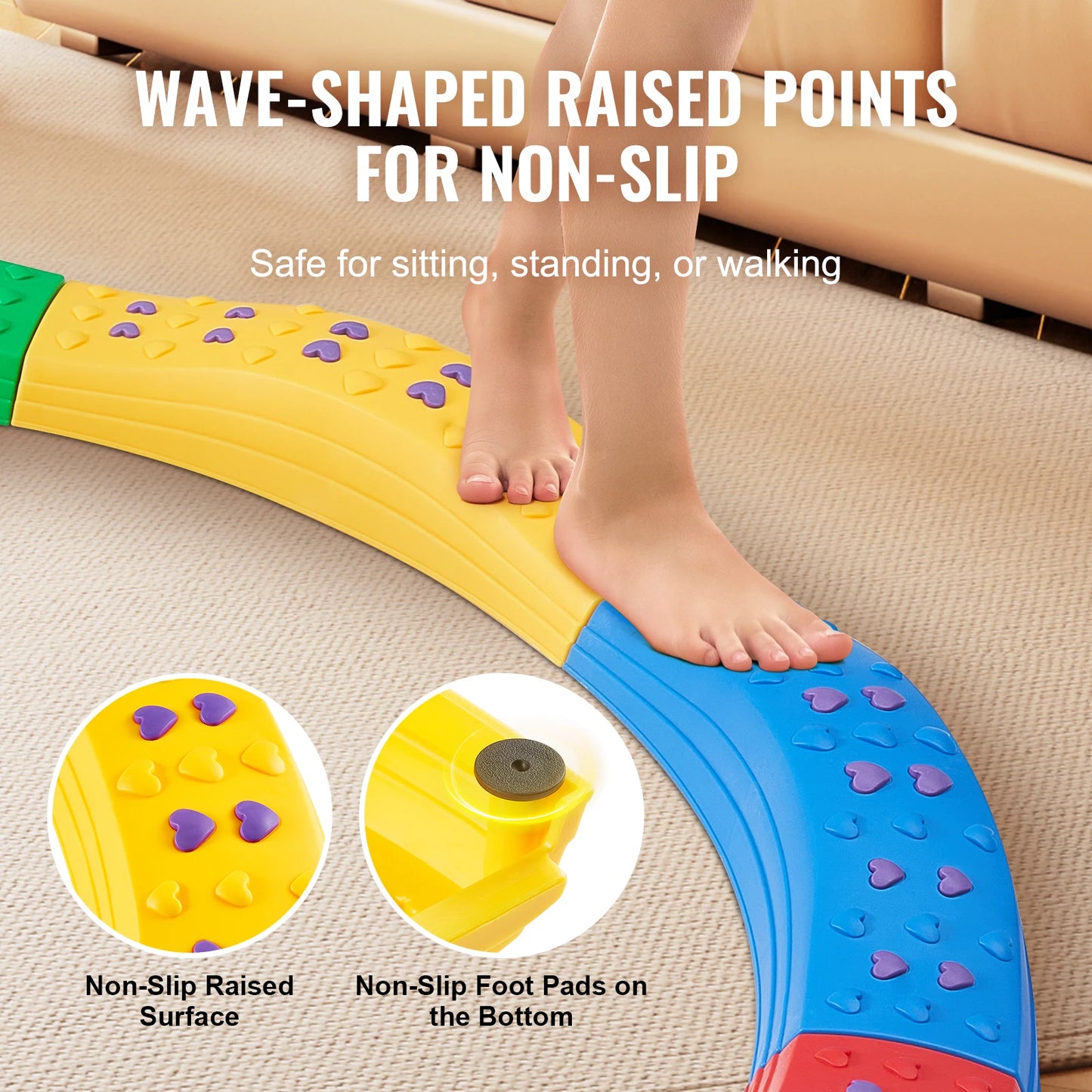 VEVOR Kids Balance Beam Toddler Stepping Stones Boards Non-Slip Sensory Training Montessori Toys for 2-6 Children's Gift Outdoor