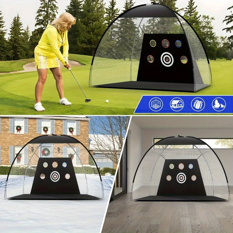 Golf Practice Net, 10x7 ft Deluxe Golf Practice net set Play golf at home, swing contact, weather free, 3 layers of lawn mat, 3