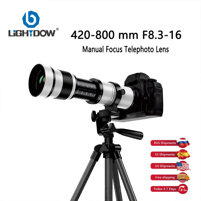 Lightdow 420-800mm F8.3-16 Professional Super Telephoto Manual Zoom Lens with T2 Ring Adapter USA ES Overseas Warehouse Delivery