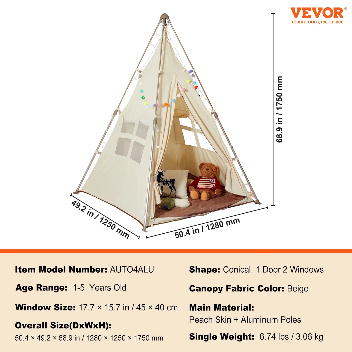 VEVOR Kids Play Tent Teepee Tent for Kids 1-5 Years Old Tent for Kids with Windows for Indoor and Outdoor Toddler Tent - Pape'sShop